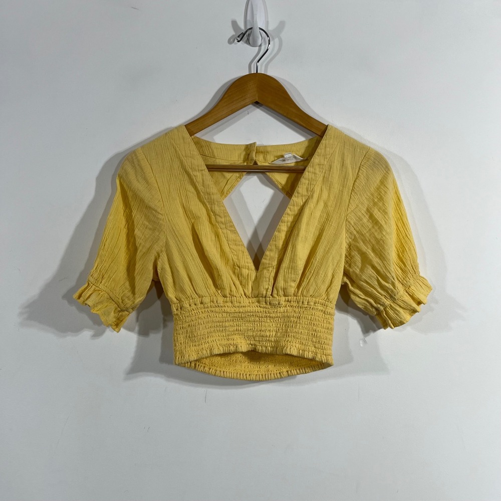 Glassons Y2K Babydoll Renfair Yellow Cotton Gauze Smocked Crop Top Cutout Size 8